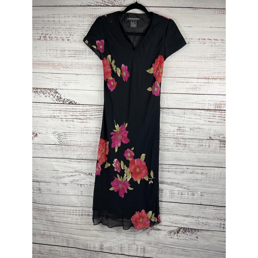 Jones Wear Dress Women's 6 Black Pink Red Floral Midi Short Sleeve Lined Padded